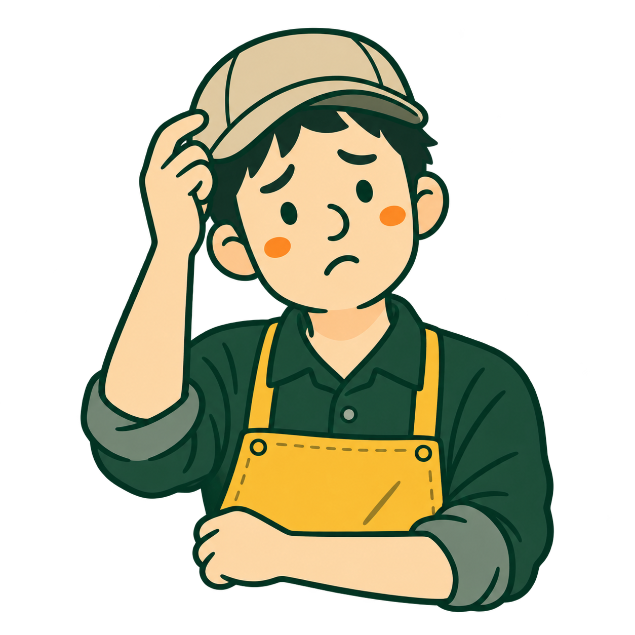 帽子に手を添え、少し困った表情の植木屋を描いたイラスト